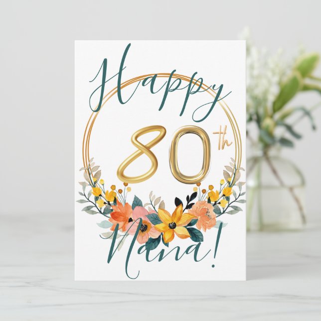 Custom Floral Happy 80th Birthday Card (Standing Front)