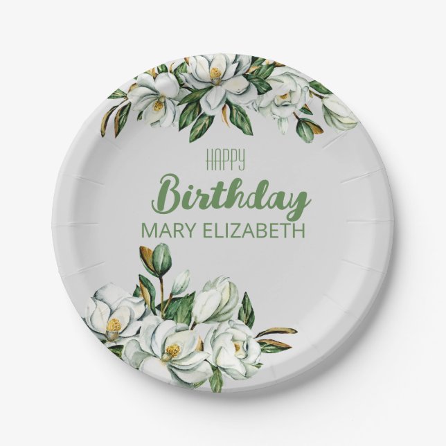 Custom Floral Magnolia Greenery BIrthday Party Paper Plate (Front)