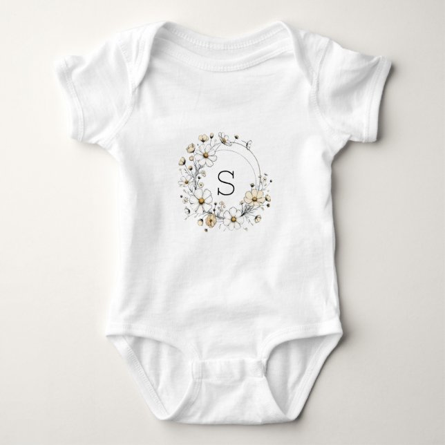 Custom Floral Monogram Baby Girl Boho Sage Green Baby Bodysuit (Front)