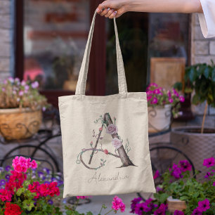 Custom Floral Monogram Letter A Personalised Gift Tote Bag