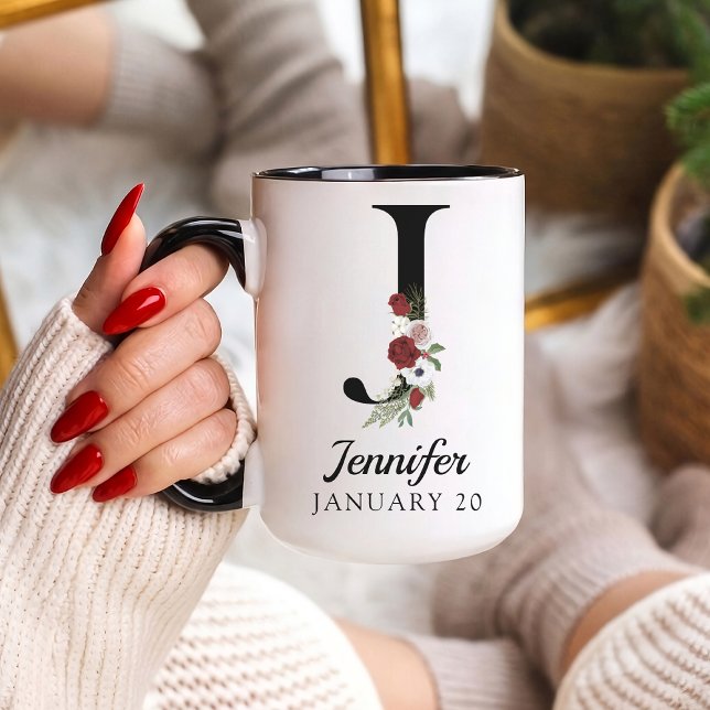 Custom Floral Monogram Mug Birthday Gift for Her (Personalized Floral Alphabet Mug Gift for Mom, Teacher, Nurse, Doctor, Coworker, Boss or Bridesmaid)