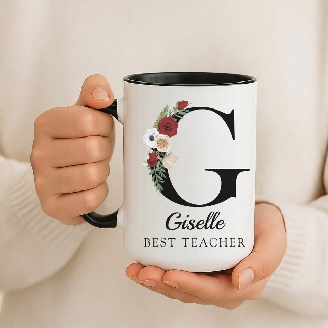 Custom Floral Monogram Mug Gift for Best Teacher (Personalized Floral Alphabet Mug Gift for Mom, Teacher, Nurse, Doctor, Coworker, Boss or Bridesmaid)