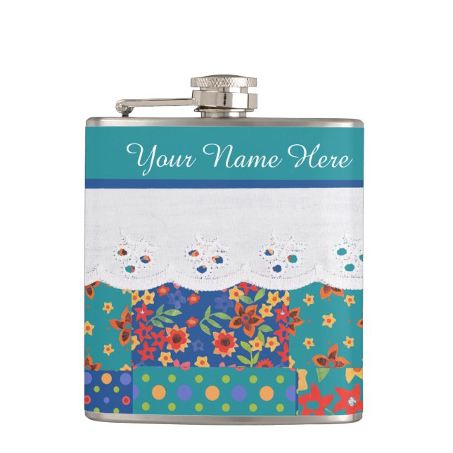 Custom Floral on Teal, Faux Lace Hip Flask (Front)