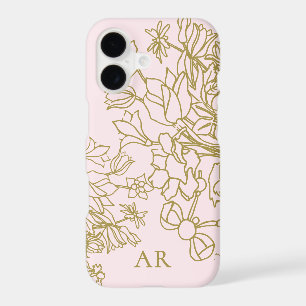 Custom Floral Pastel Pink Gold Line Art Hand Drawn