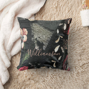 Custom Floral Patchwork Embroidery Look Grey Beige Cushion