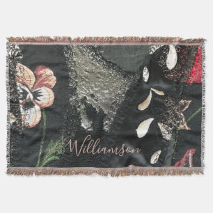 Custom Floral Patchwork Embroidery Look Grey Beige Throw Blanket