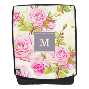 Custom Floral Pattern Old Rose Monogram Backpack
