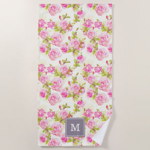 Custom Floral Pattern Old Rose Monogram Beach T Towel