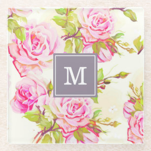 Custom Floral Pattern Old Rose Monogram Glass C Coaster