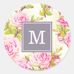 Custom Floral Pattern Old Rose Monogram R Sticker