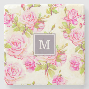 Custom Floral Pattern Old Rose Monogram Stone C Coaster