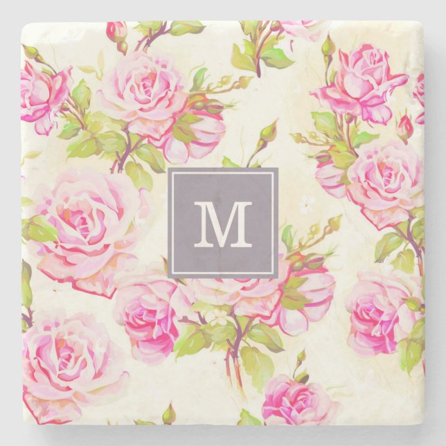 Custom Floral Pattern Old Rose Monogram Stone C Coaster (Front)