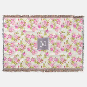 Custom Floral Pattern Old Roses Monogram Throw B Blanket