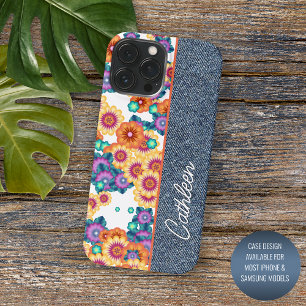 Custom Floral Pattern On Faux Blue Denim Jeans iPhone 13 Pro Max Case