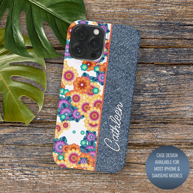 Custom Floral Pattern On Faux Blue Denim Jeans iPhone Case (Creator Uploaded)