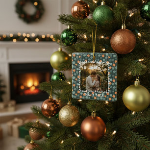 Custom Floral Photo Engagement  Ceramic Ornament