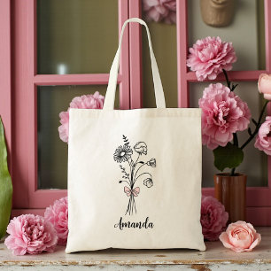 Custom Floral Pink Bow For Bridesmaid Tote Bag