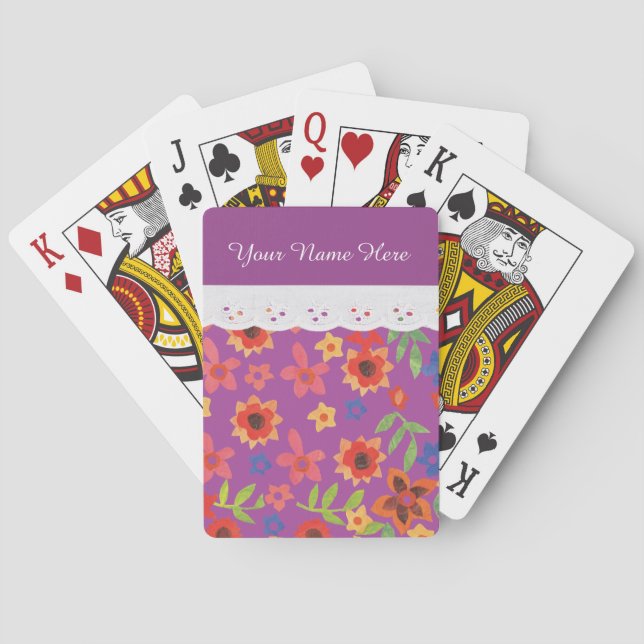 Custom Floral Print on Magenta Playing Cards (Back)