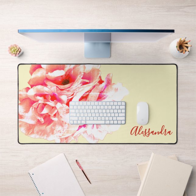 Custom Floral Retro Yellow Peach Roses Botanical  Desk Mat (Office 1)