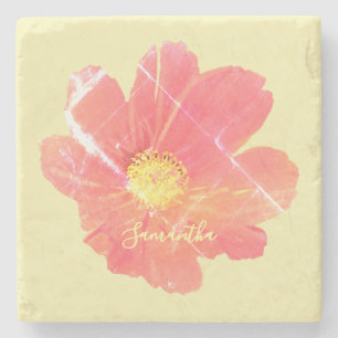Custom Floral Retro Yellow Red Watercolor Flower Stone Coaster