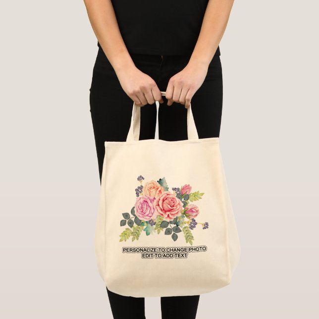 Custom Floral Roses Replace Artwork Slogan Grocery Tote Bag (Front (Product))
