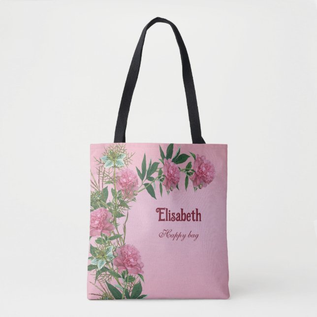 Custom floral rustic peony themed personalised tote bag (Front)