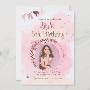 Custom Floral Watercolor Photo Birthday Invitation