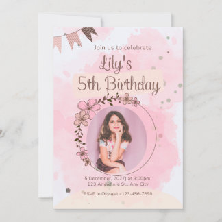 Custom Floral Watercolor Photo Birthday Invitation
