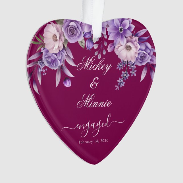 Custom Floral Wine Engagement Ornament with Text (Front)