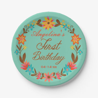 Custom Floral Wreath 1st Birthday Paper Plate