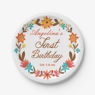 Custom Floral Wreath 1st Birthday Paper Plate