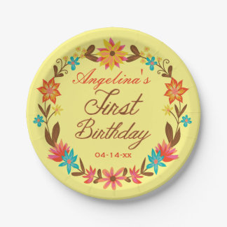 Custom Floral Wreath 1st Birthday Paper Plate