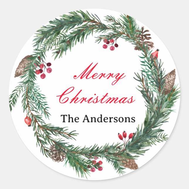 Custom Floral Wreath Merry Christmas Family Name Classic Round Sticker (Front)