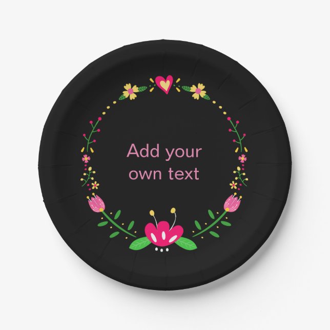 Custom Floral Wreath on Black Paper Plate (Front)