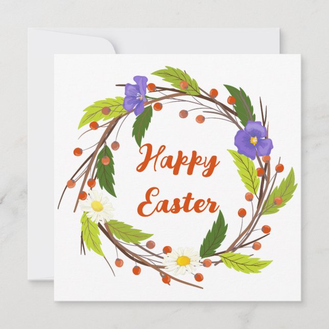 Custom Floral Wreath with Happy Easter Greetings Holiday Card (Front)