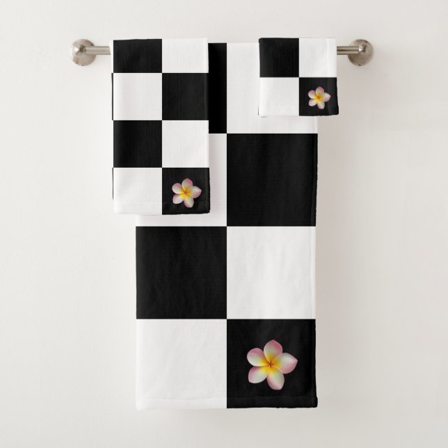 Custom Flower on Black and White Chequered Pattern Bath Towel Set (Insitu)