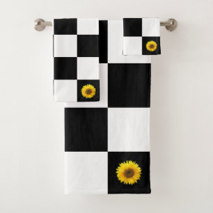 Custom Flower on Black and White Chequered Pattern Bath Towel Set