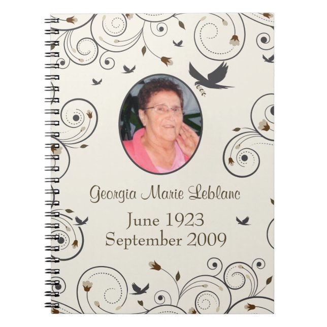 Custom Flowers and Swirls Memorial Guestbook Spiral Notebook (Front)