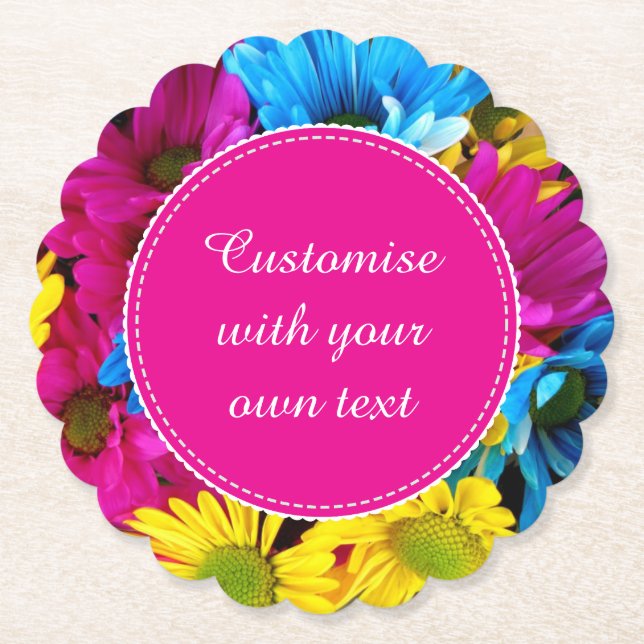 Custom Flowers in Fluorescent Colours Custom Text Paper Coaster (Front)