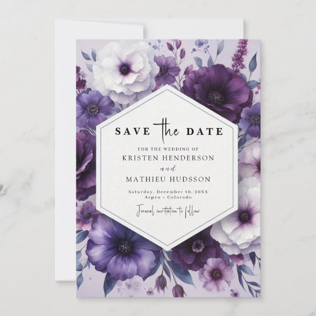 Custom Flowers Purple Floral Wedding Save The Date (Front)