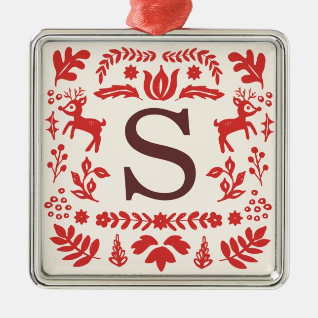 Custom Folk Art Holiday Monogram Ornament (Front)