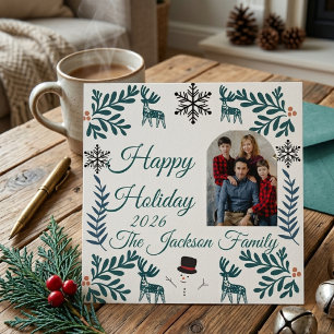 Custom Folk Botanical Family Photo Christmas Holiday Card