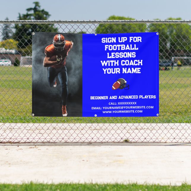 Custom Football Coach Coaching Class Lessons Blue Banner (Insitu)