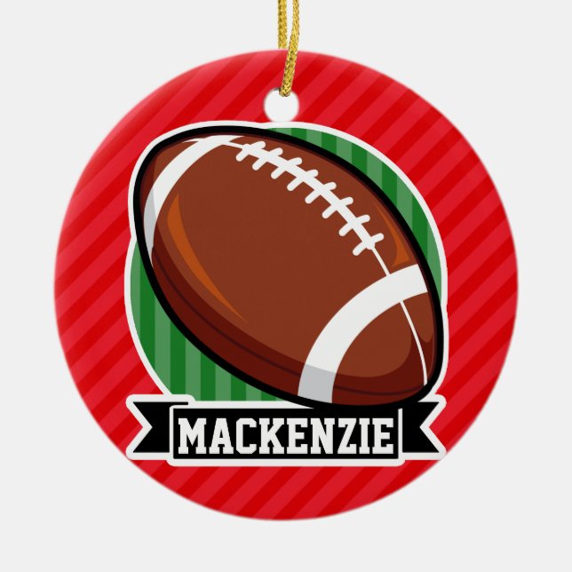 Custom Football on Red Diagonal Stripes Ceramic Tree Decoration (Front)