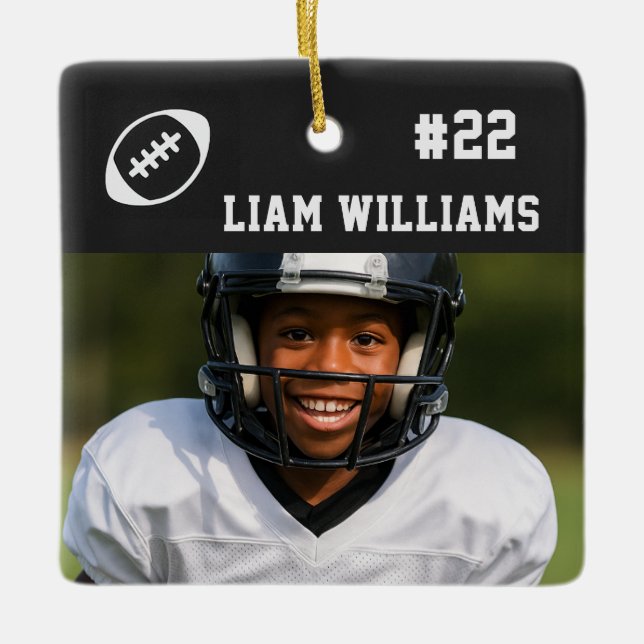 Custom Football Player Name & Number Black Trendy  Ceramic Ornament (Front)
