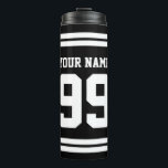 Custom football sports jersey thermal tumbler mug<br><div class="desc">Custom football sports jersey thermal tumbler mug gift. Great for cold and warm drinks like coffee and tea. Sporty black and white stripe design with personalized name or monogrammed initial letters. Cool Christmas or Birthday gift ideas for men and women. Make one for fa, , player, trainer, dad, father, mom,...</div>