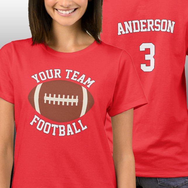 Custom Football Team Name, Player Name & Number T-Shirt (Custom women's football team shirts with personalized team name, player name and jersey number.)