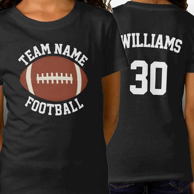 Custom Football Team, Player & Number Girls Sports T-Shirt (Girls football team shirts with custom team name, player name and jersey number.)