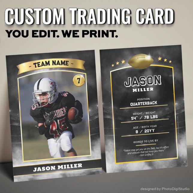 Custom Football Trading Card Black Gold Stadium (Custom Trading Card Black, Editable Football Trading Card, Modern Black Gold Stadium Design)