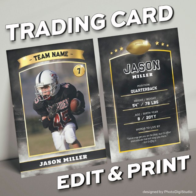 Custom Football Trading Card Black Gold Stadium (Custom Trading Card Black, Editable Football Trading Card, Modern Black Gold Stadium Design)